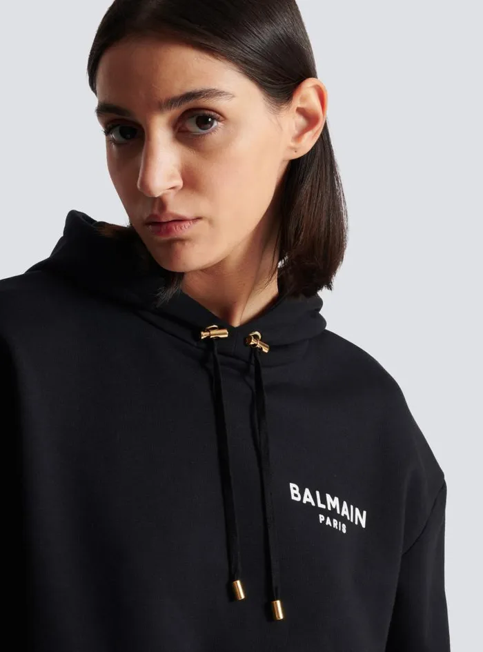 Balmain Sweatshirts Women Flocked Paris Hoodie Black