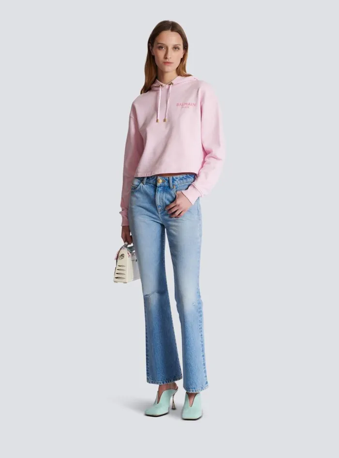 Balmain Sweatshirts Women Flocked Paris Hoodie Pink