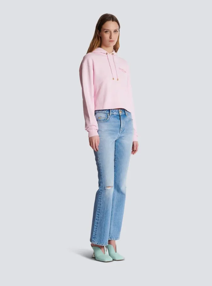 Balmain Sweatshirts Women Flocked Paris Hoodie Pink