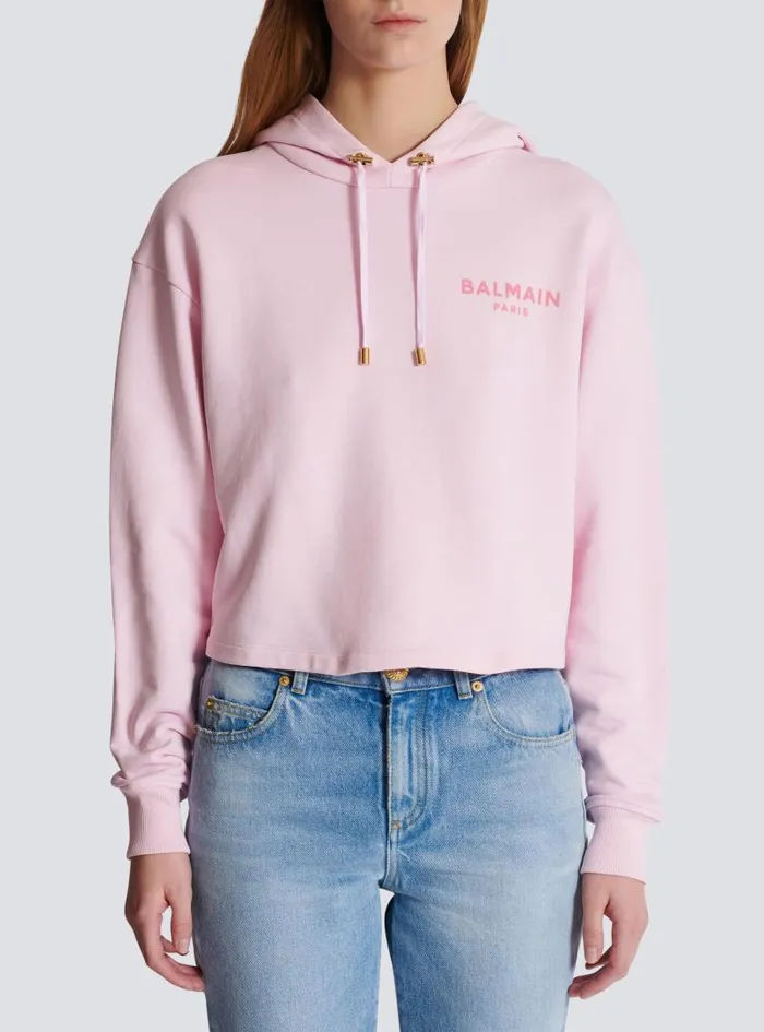 Balmain Sweatshirts Women Flocked Paris Hoodie Pink