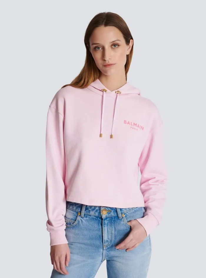 Balmain Sweatshirts Women Flocked Paris Hoodie Pink