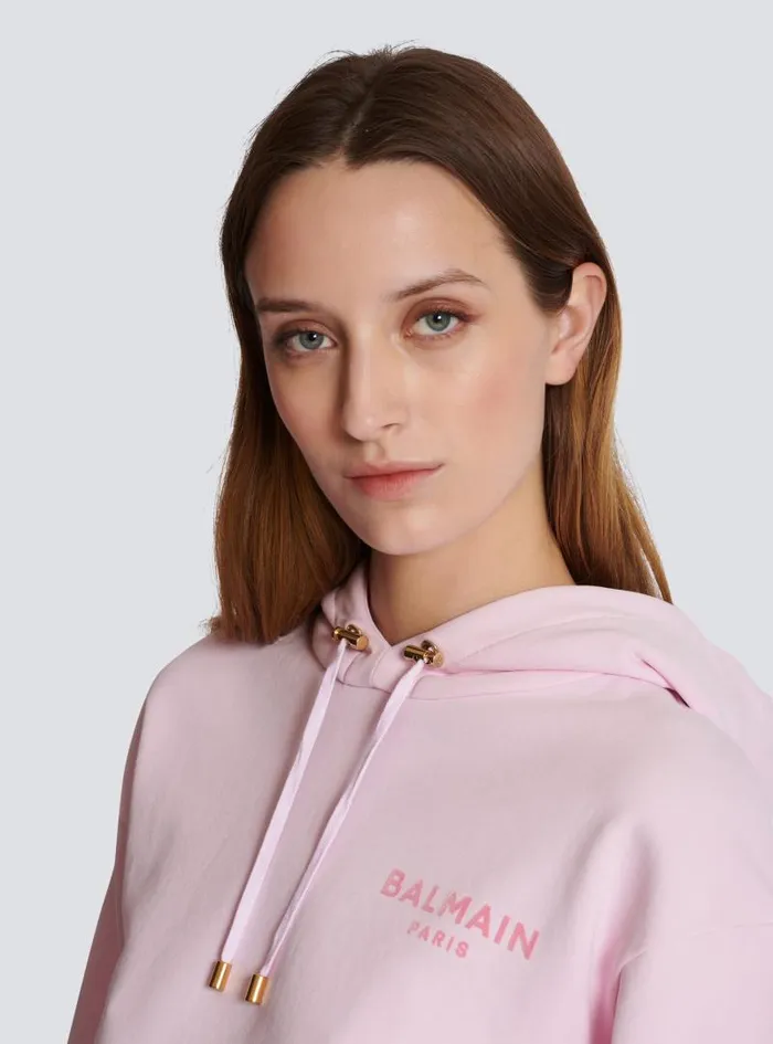 Balmain Sweatshirts Women Flocked Paris Hoodie Pink