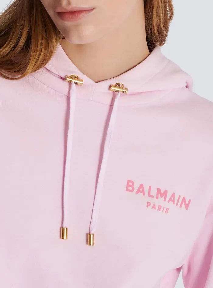 Balmain Sweatshirts Women Flocked Paris Hoodie Pink