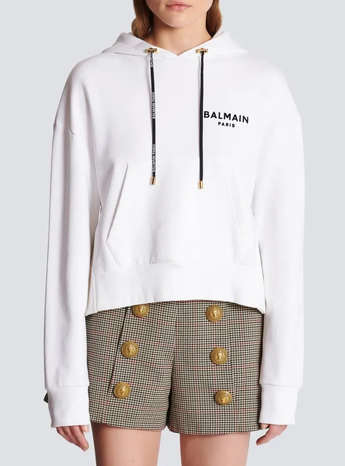 Balmain Sweatshirts Women Flocked Paris Hoodie White