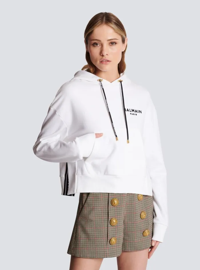 Balmain Sweatshirts Women Flocked Paris Hoodie White