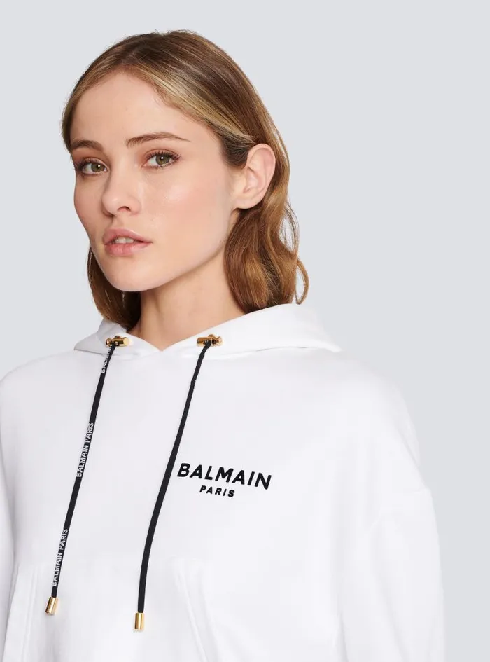 Balmain Sweatshirts Women Flocked Paris Hoodie White