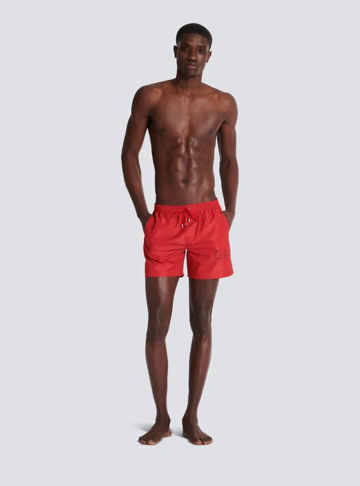 Balmain Swimwear Men Printed Paris Swim Shorts Red