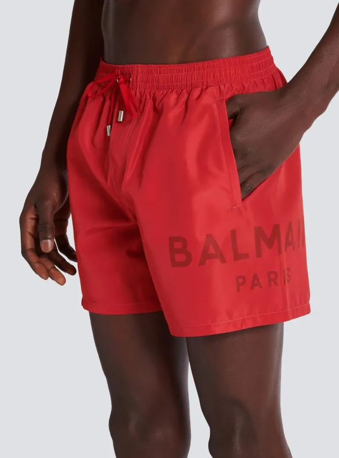 Balmain Swimwear Men Printed Paris Swim Shorts Red