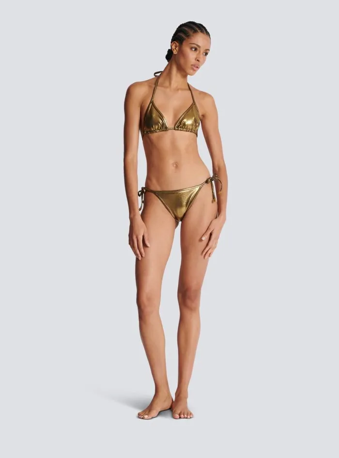 Balmain Swimwear Women Metallic Triangle Bikini Gold