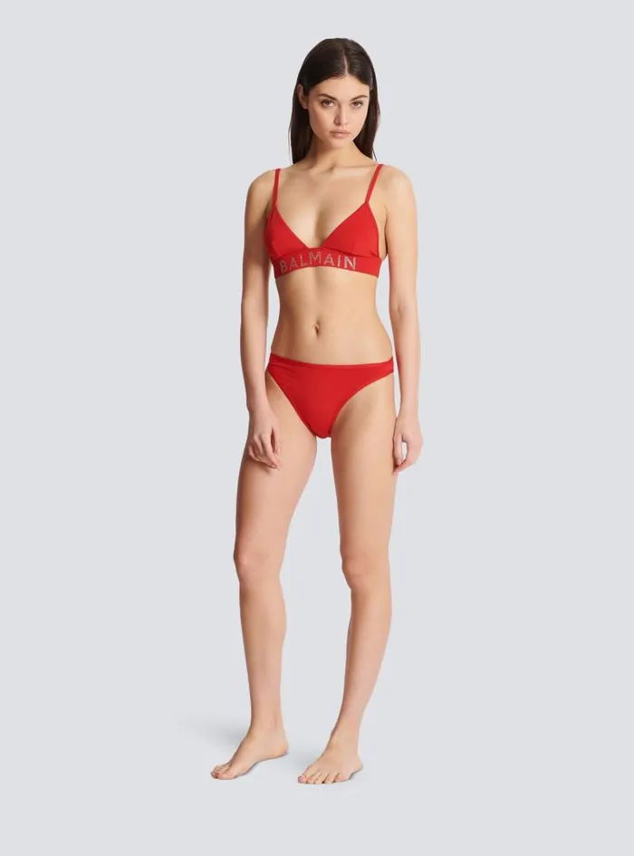 Balmain Swimwear Women Rhinestoned Triangle Bikini Red