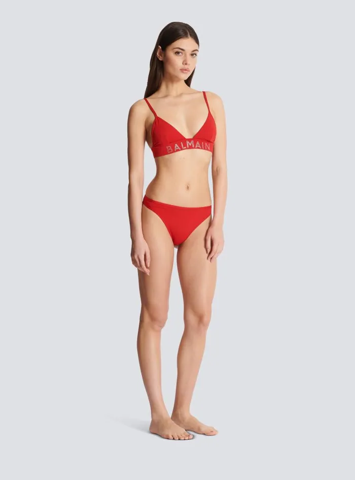 Balmain Swimwear Women Rhinestoned Triangle Bikini Red