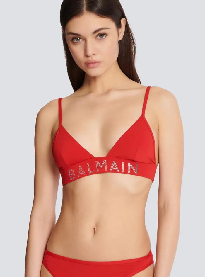 Balmain Swimwear Women Rhinestoned Triangle Bikini Red