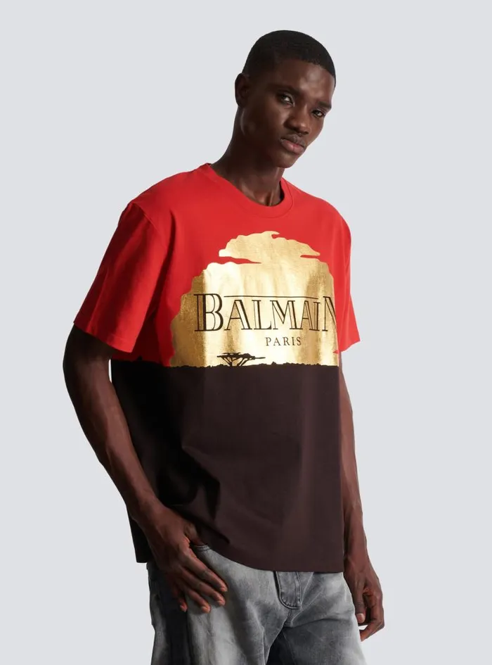 Balmain TShirts Men Disney X The Lion King 8211 Relaxed Tshirt With Sunset Print Red