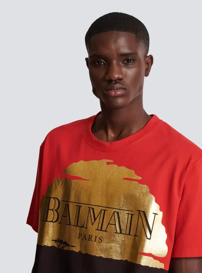 Balmain TShirts Men Disney X The Lion King 8211 Relaxed Tshirt With Sunset Print Red
