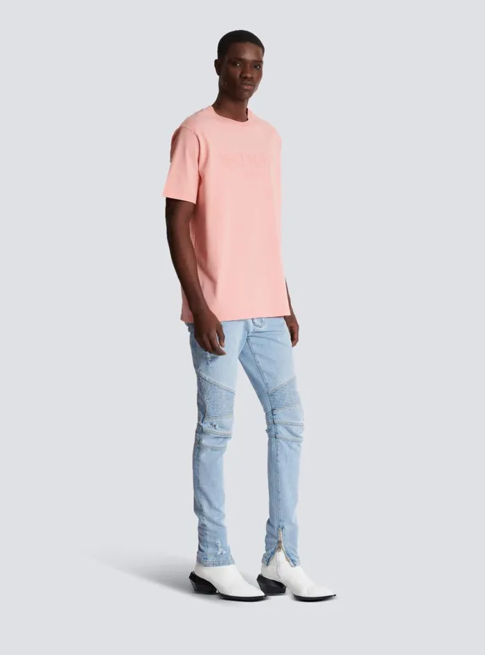 Balmain TShirts Men Loose Tshirt With Vintage Embroidery Pink