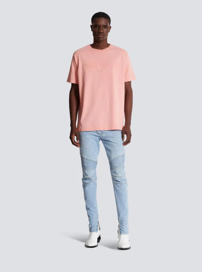 Balmain TShirts Men Loose Tshirt With Vintage Embroidery Pink