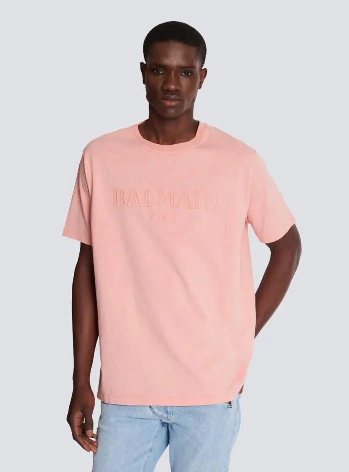 Balmain TShirts Men Loose Tshirt With Vintage Embroidery Pink