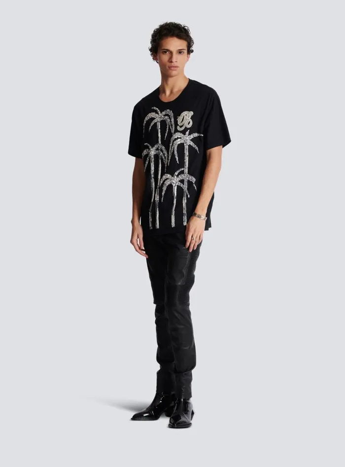Balmain TShirts Men Palm Tree Embroidered Tshirt Black