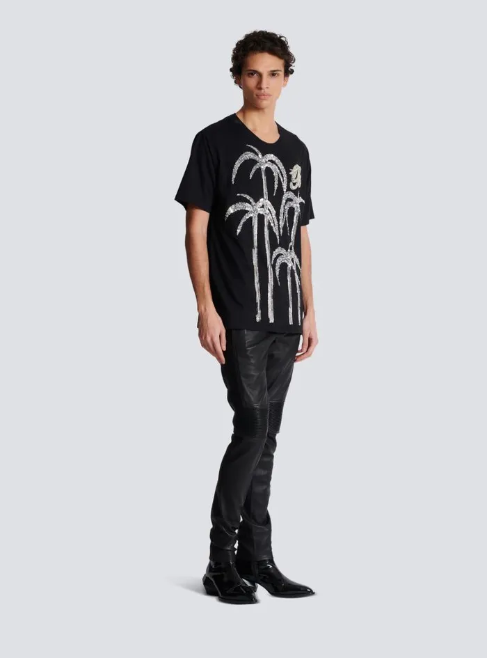Balmain TShirts Men Palm Tree Embroidered Tshirt Black