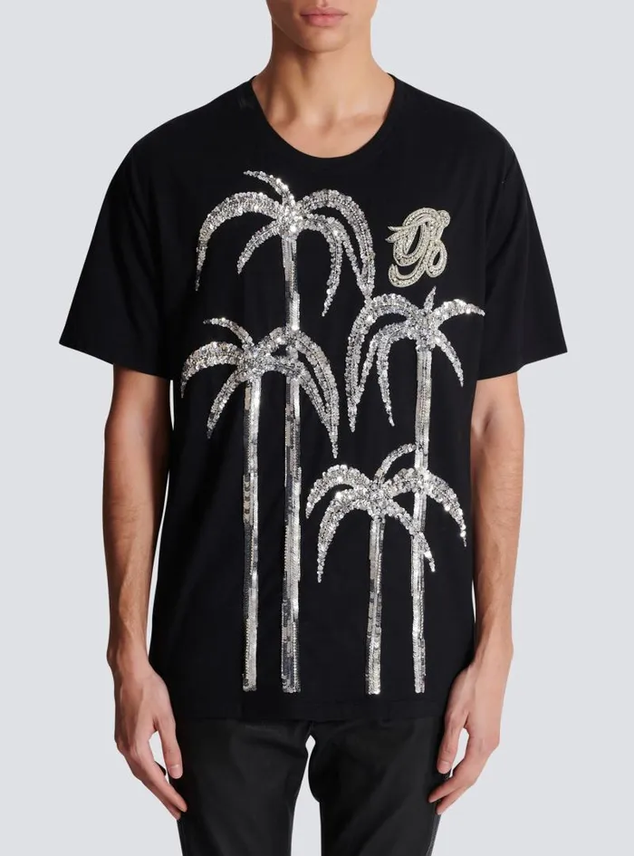 Balmain TShirts Men Palm Tree Embroidered Tshirt Black