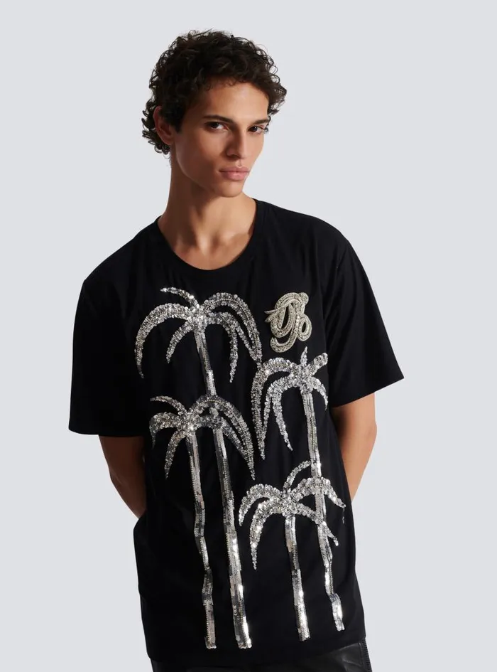Balmain TShirts Men Palm Tree Embroidered Tshirt Black