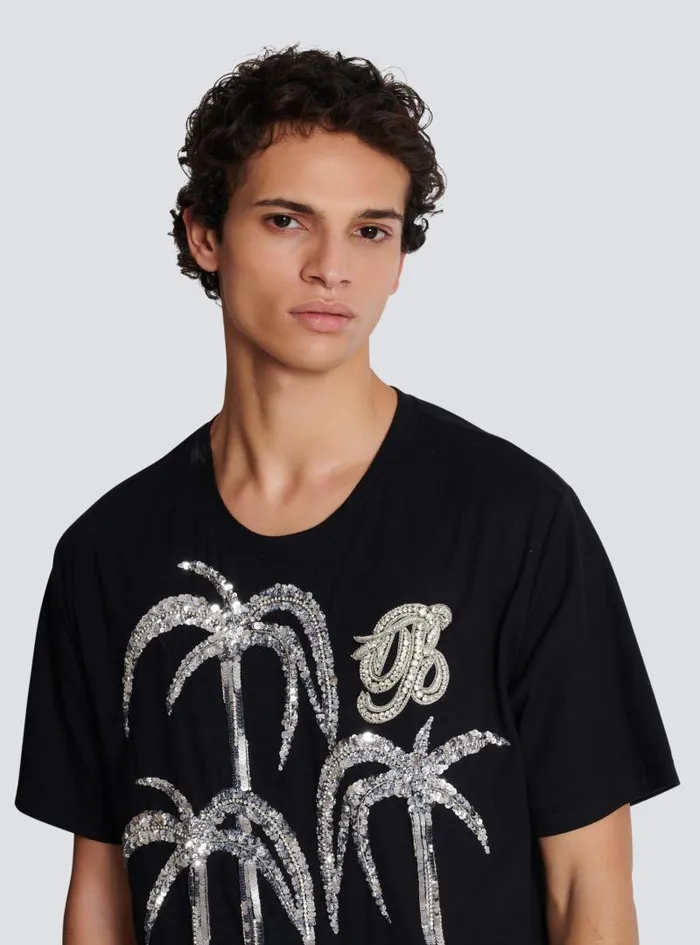 Balmain TShirts Men Palm Tree Embroidered Tshirt Black