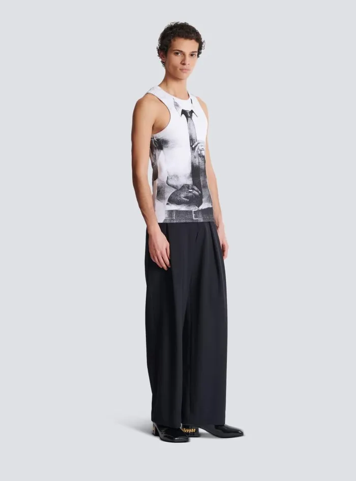 Balmain TShirts Men Ribbed Tank Top With Tie Print White