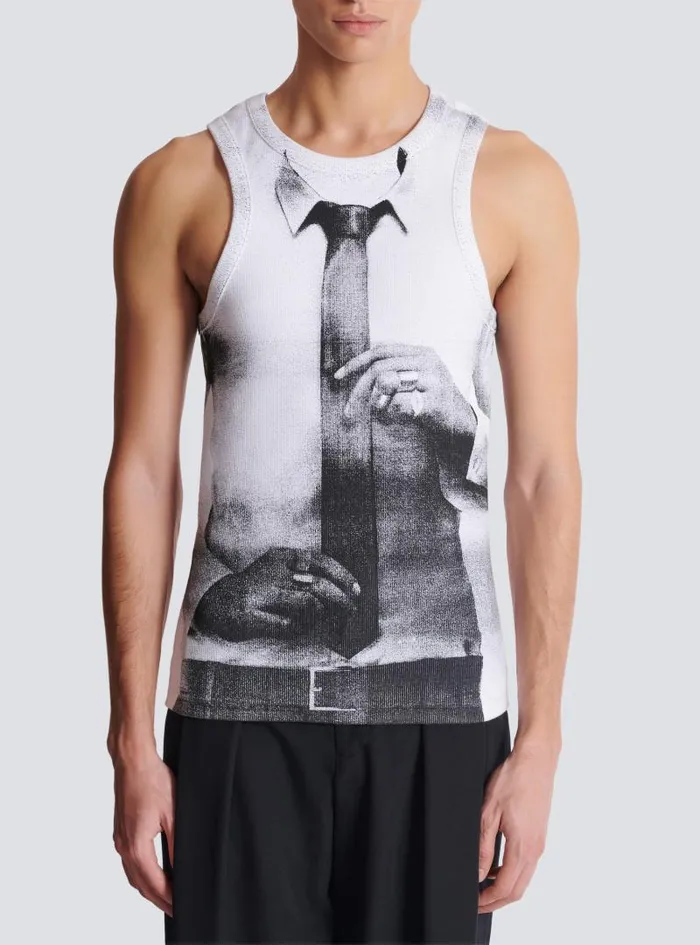Balmain TShirts Men Ribbed Tank Top With Tie Print White