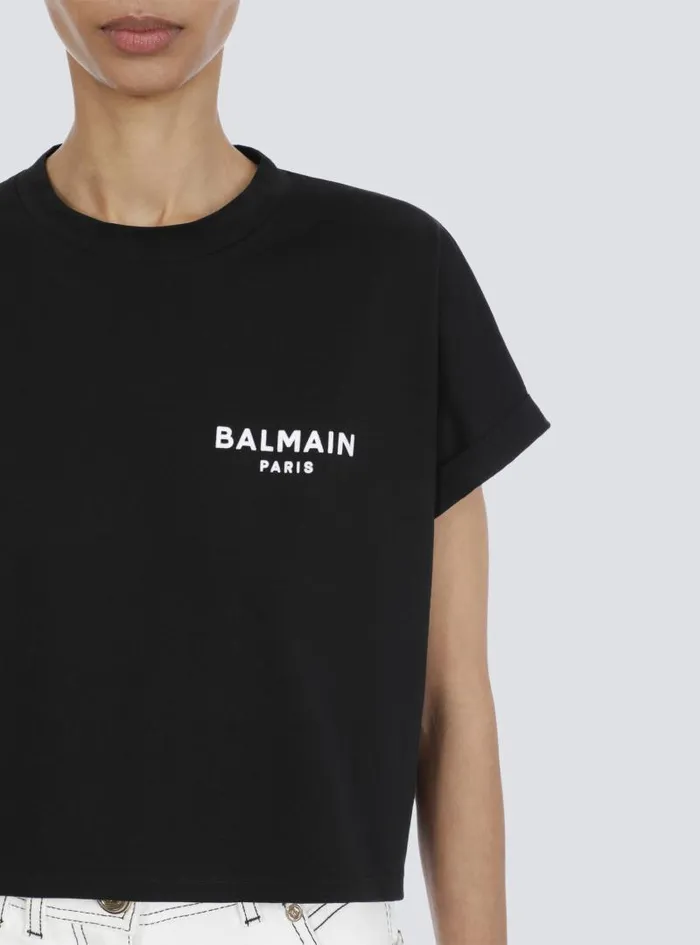 Balmain TShirts Women Cropped Ecodesigned Cotton Tshirt With Small Flocked Logo Black