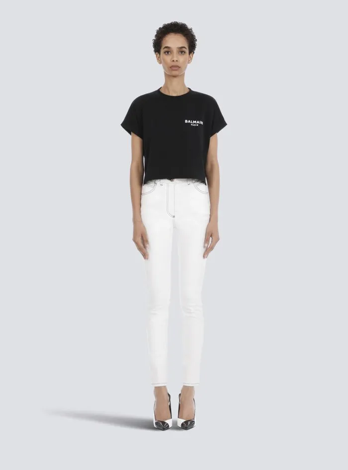 Balmain TShirts Women Cropped Ecodesigned Cotton Tshirt With Small Flocked Logo Black