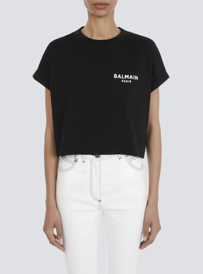 Balmain TShirts Women Cropped Ecodesigned Cotton Tshirt With Small Flocked Logo Black