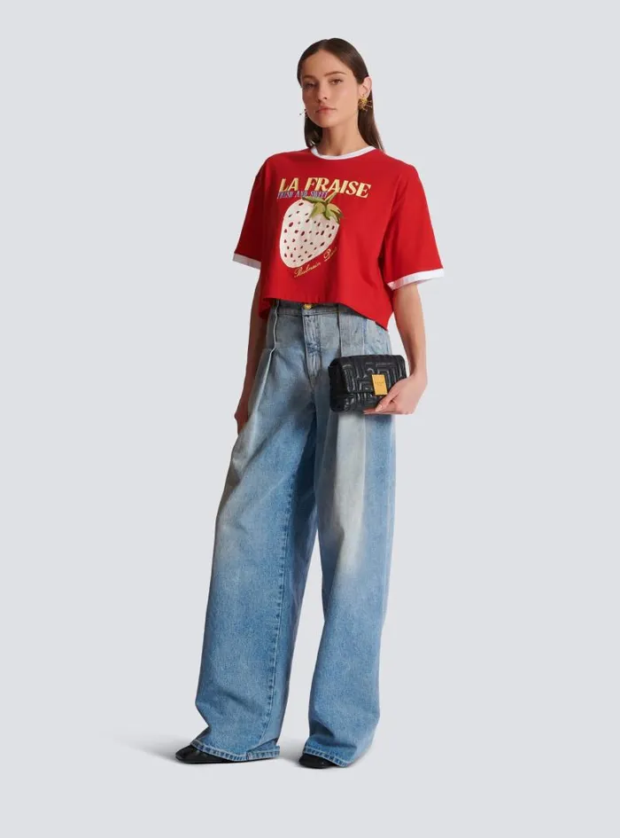 Balmain TShirts Women Cropped Tshirt With Strawberry Print Red