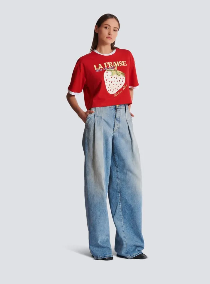 Balmain TShirts Women Cropped Tshirt With Strawberry Print Red