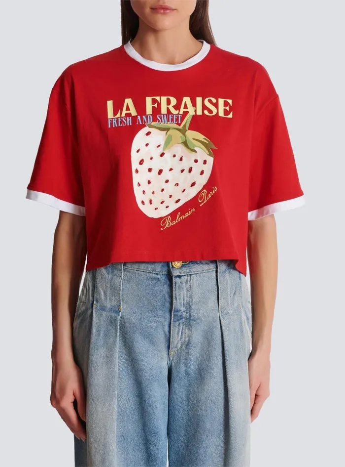 Balmain TShirts Women Cropped Tshirt With Strawberry Print Red