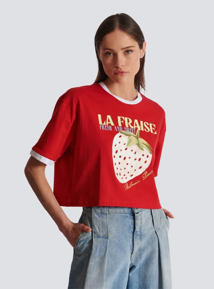 Balmain TShirts Women Cropped Tshirt With Strawberry Print Red