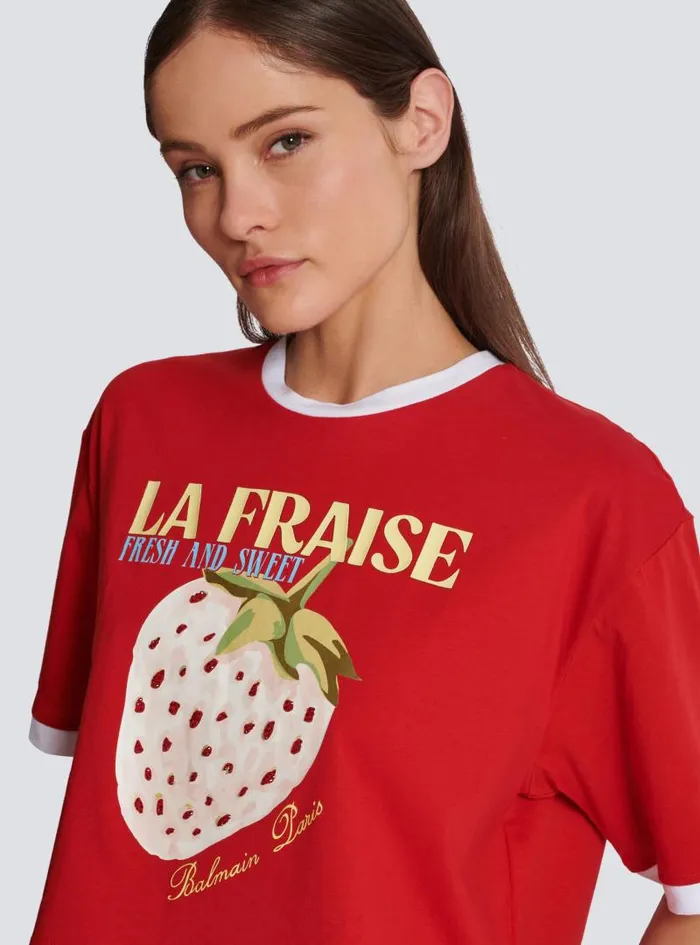 Balmain TShirts Women Cropped Tshirt With Strawberry Print Red