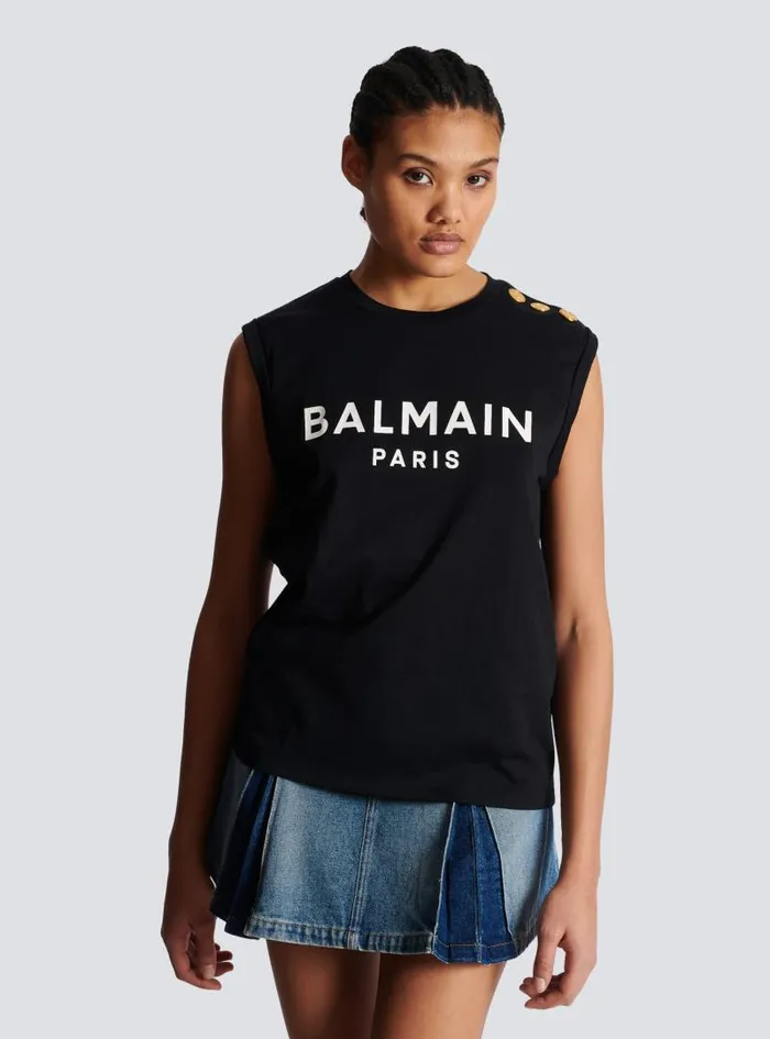 Balmain TShirts Women Ecodesigned Cotton Tshirt With Logo Print Black