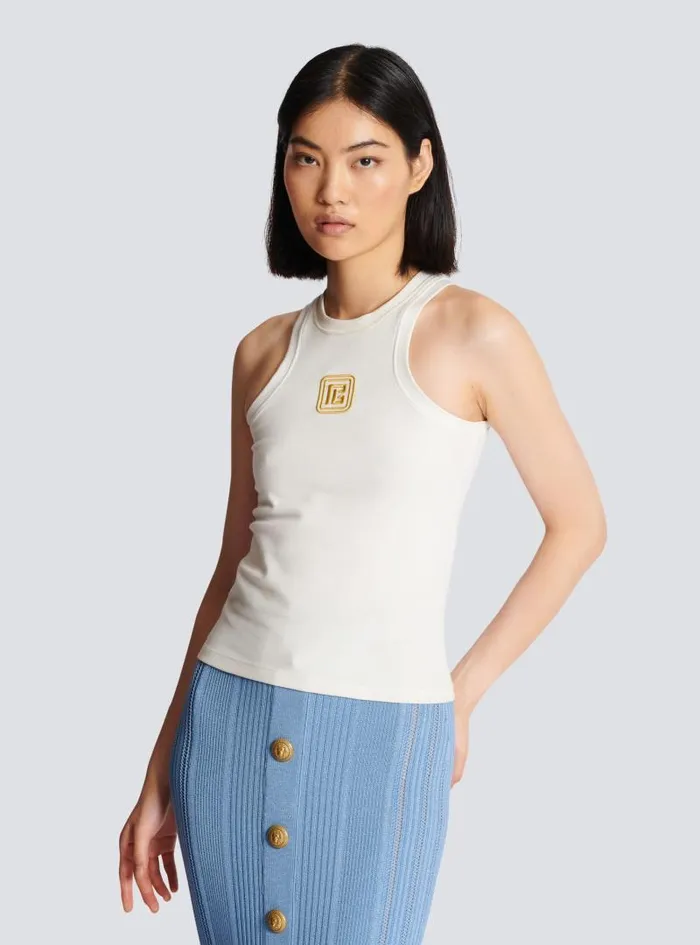 Balmain TShirts Women PB Embroidered Tank Top White