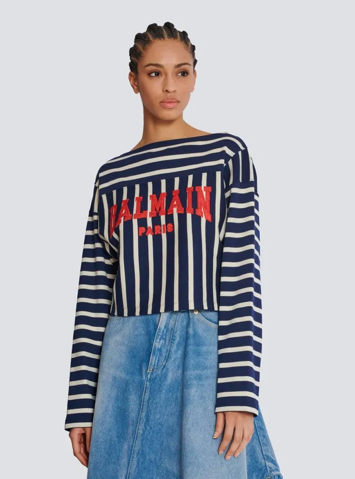 Balmain TShirts Women Striped Baseball Top Navy