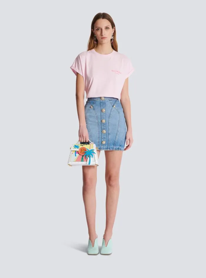 Balmain TShirts Women Tshirt With Flocked Paris Logo Pink