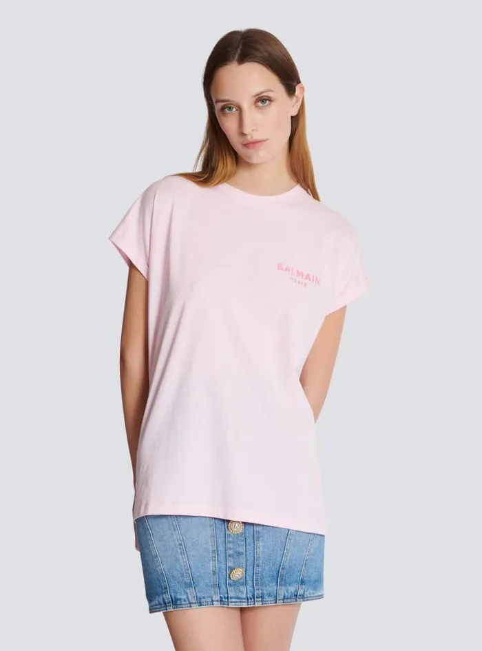 Balmain TShirts Women Tshirt With Flocked Paris Logo Pink