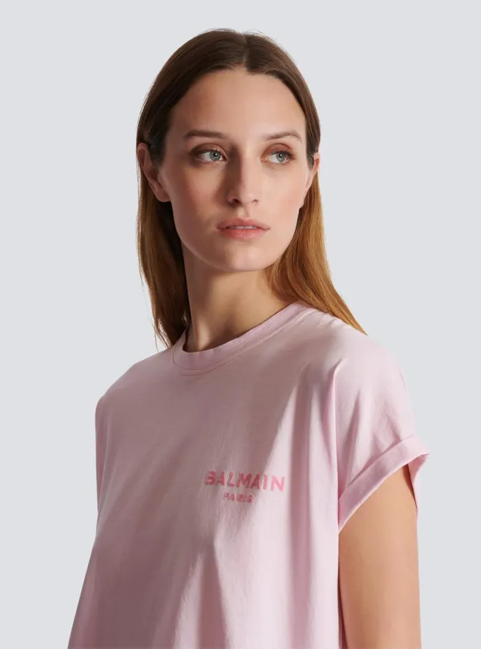 Balmain TShirts Women Tshirt With Flocked Paris Logo Pink