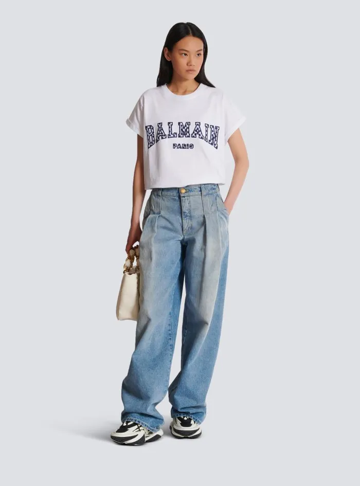 Balmain TShirts Women Tshirt With Gingham Paris Lettering White