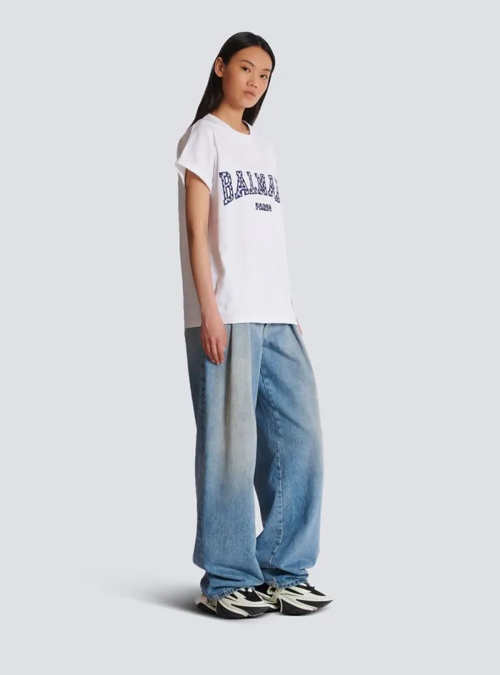 Balmain TShirts Women Tshirt With Gingham Paris Lettering White