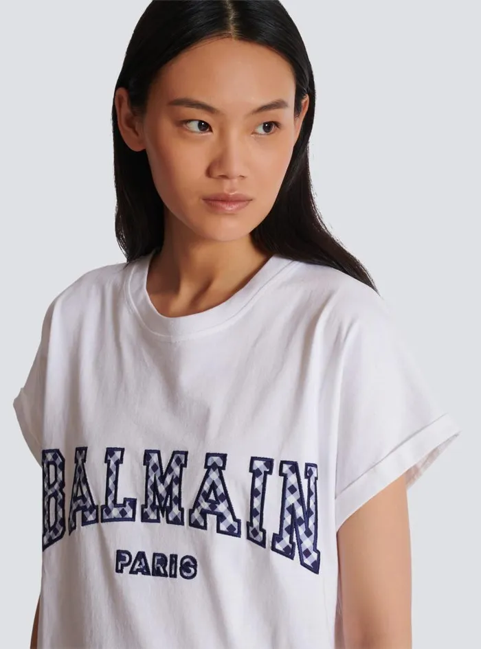 Balmain TShirts Women Tshirt With Gingham Paris Lettering White