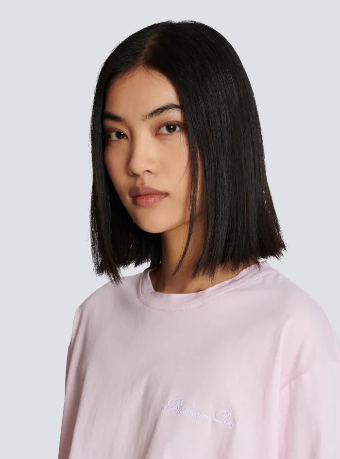 Balmain TShirts Women Tshirt With Signature Embroidery Pink