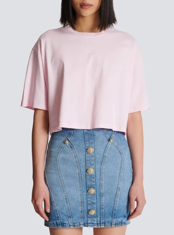 Balmain TShirts Women Tshirt With Signature Embroidery Pink