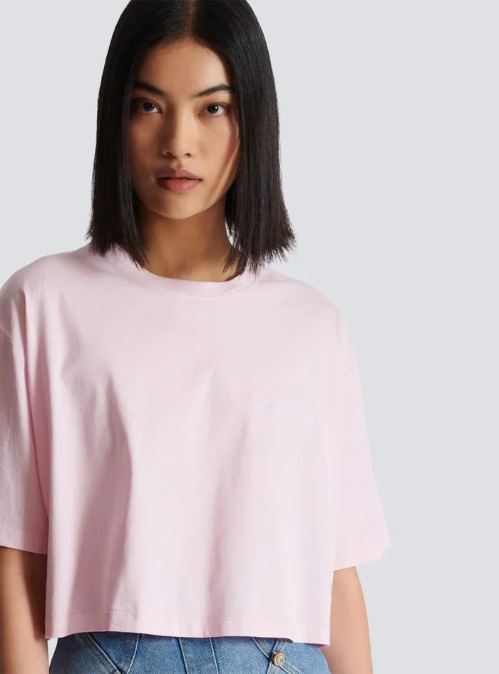 Balmain TShirts Women Tshirt With Signature Embroidery Pink
