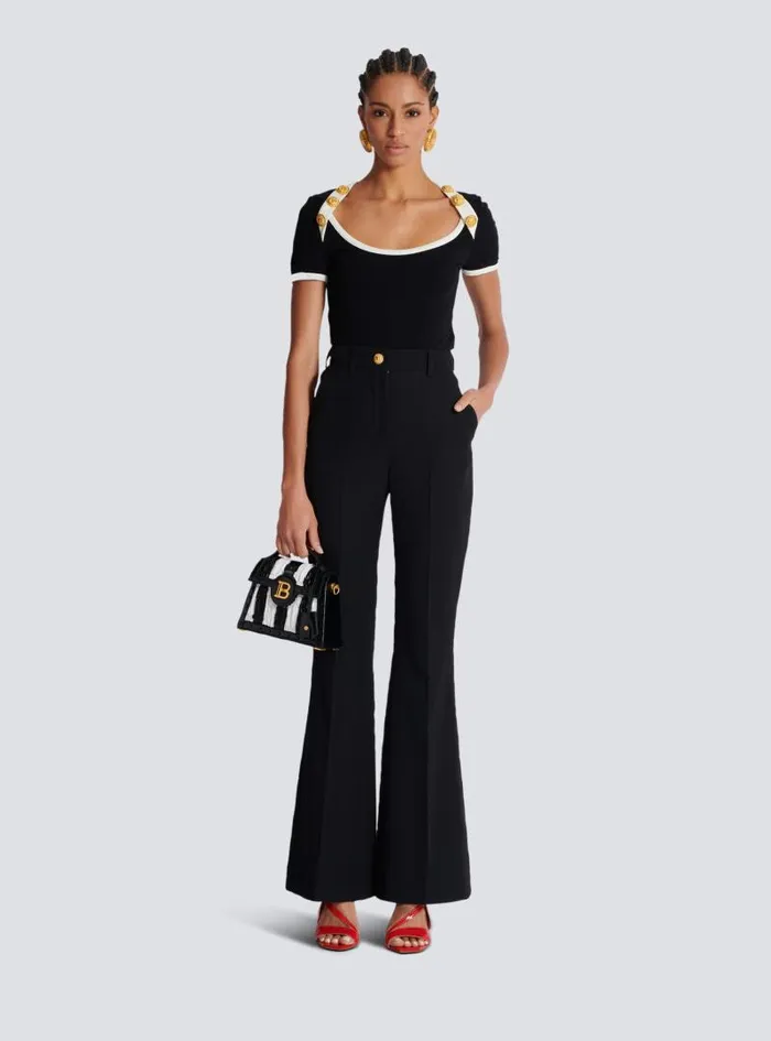 Balmain TShirts Women Twotone Tshirt With Button Details Black