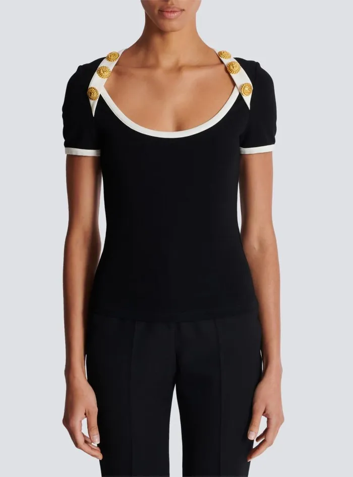 Balmain TShirts Women Twotone Tshirt With Button Details Black